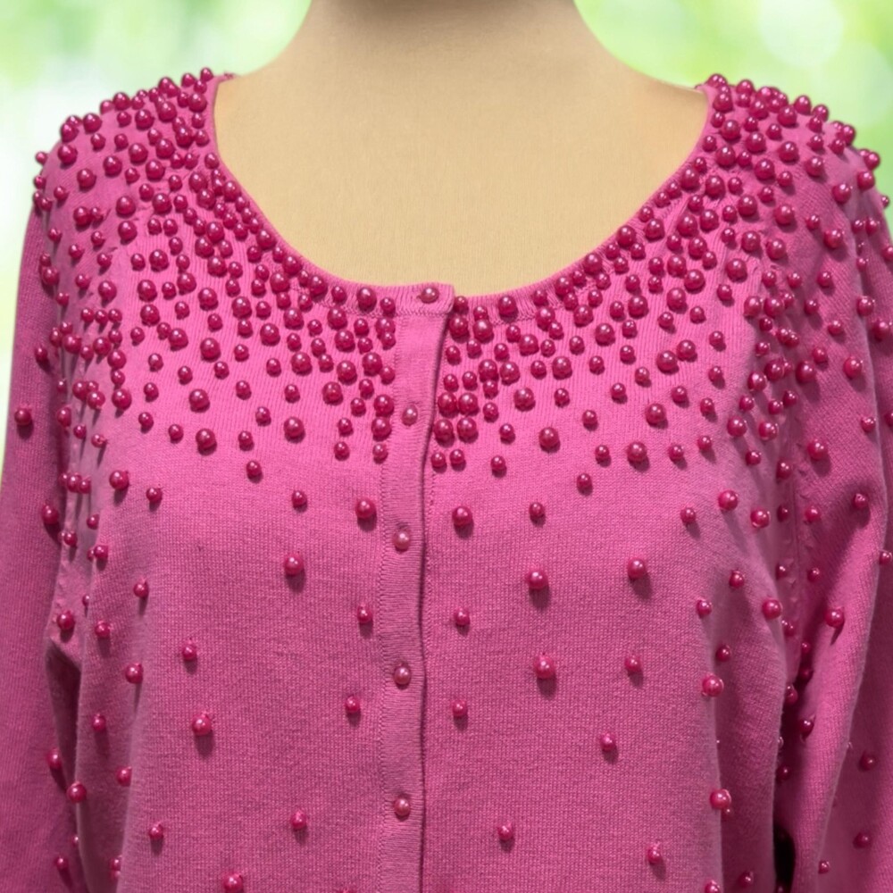 Vintage 90s Pearl Beaded Cardigan Sweater Coquette Glam Pink Hong Kong Size L - Picture 2 of 11
